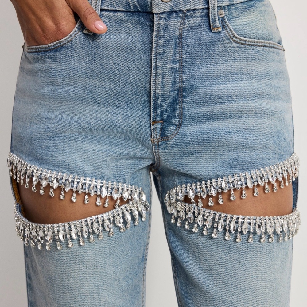 Good American Light Blue Straight Leg Jeans with Silver Accents